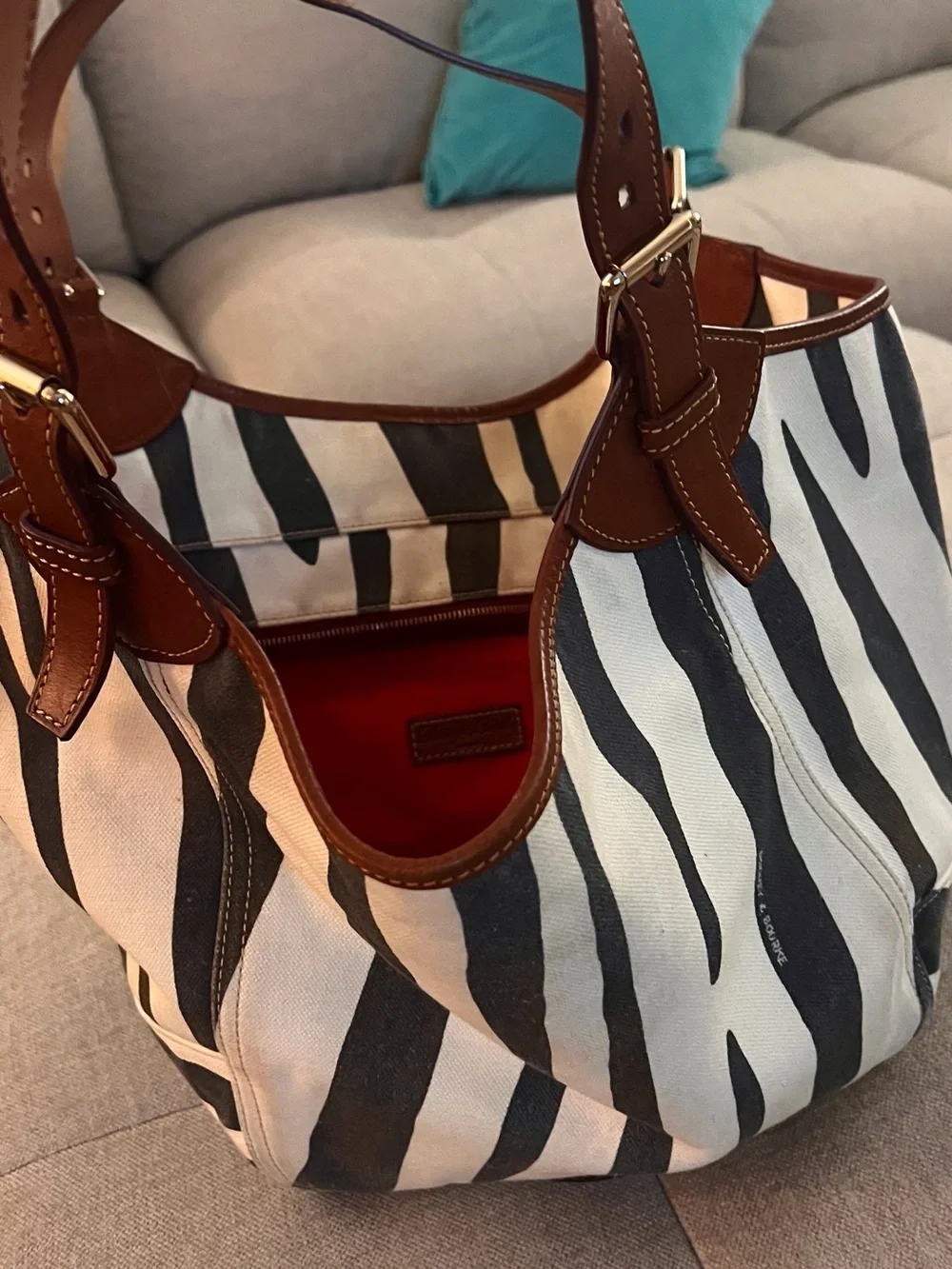 Dooney & Bourke Zebra-Stripe Canvas Tote with Brown Leather Trim